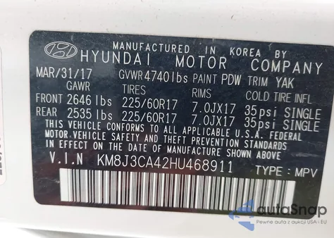 2017 Hyundai Tucson Se Plus from USA, damaged, VIN KM8J3CA42HU468911